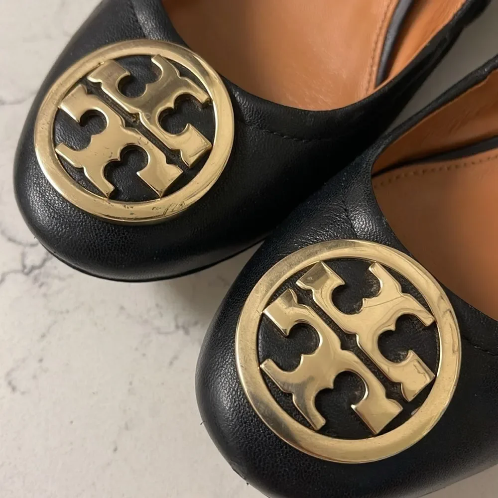 Tory Burch Benton 2 Nappa Leather Shoes Size 6.5 Black Leather Ballet Style